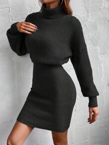 EMERY ROSE 高領落肩袖毛衣洋裝 - 黑色 - 查看 4