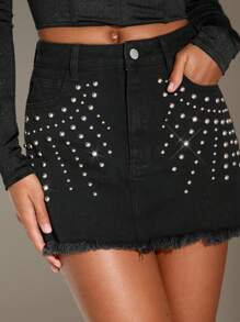 SHEIN BAE 水鑽細節毛邊牛仔裙 - 深灰色 - 查看 2