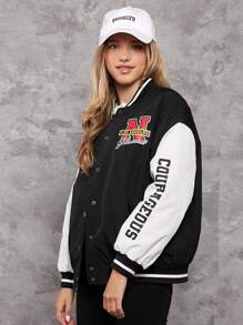 Teen Girl Letter Graphic Drop Shoulder Two Tone Varsity Jacket - Black and White - View 4