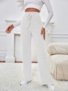 SHEIN Frenchy Pantalones de cintura con nudo tejido de canalé - Blanco - Ver 4