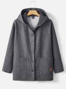 SHEIN EZwear Plus Slogan Patched Detail Dual Pocket Hooded Overcoat - Dark Grey - View 1