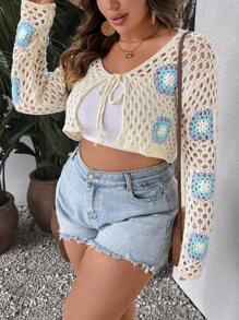 Dreamara Plus Floral Pattern Tie Front Cardigan - Apricot - View 1