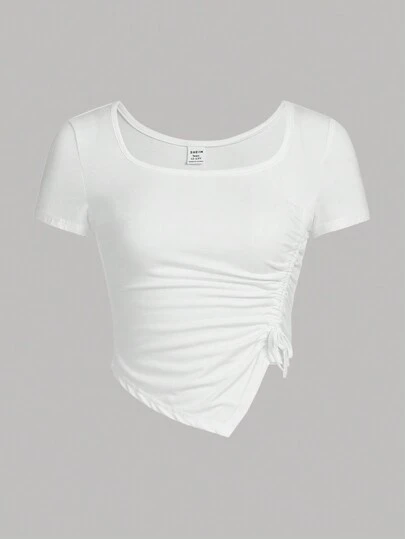 SHEIN Girlism 青少年女孩側抽繩不對稱下擺T恤