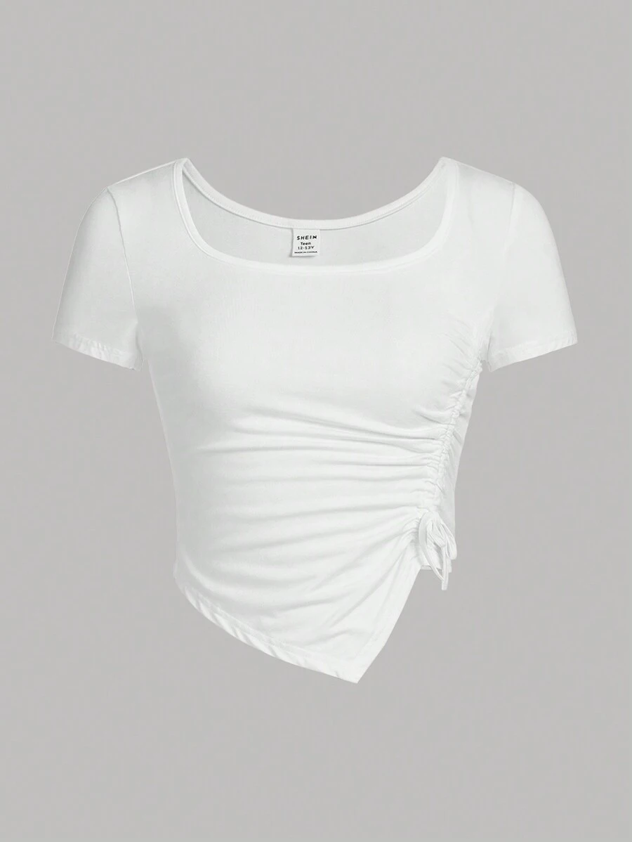 SHEIN Girlism 青少年女孩側抽繩不對稱下擺T恤 - 白色 - 查看 1