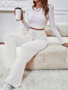 SHEIN Frenchy Pantalones de cintura con nudo tejido de canalé - Blanco - Ver 3