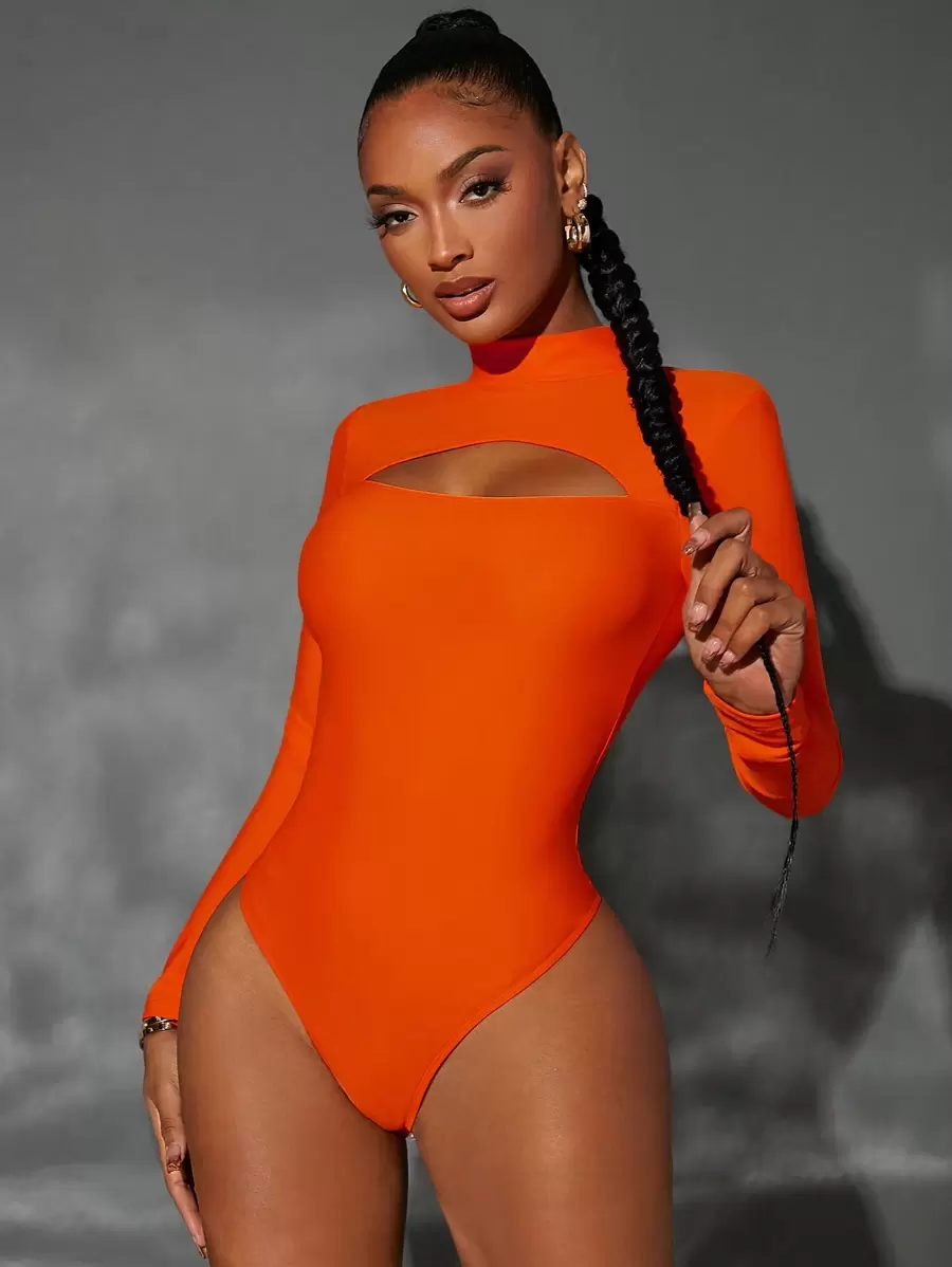 SHEIN SXY Women's Solid Color Minimalist Long Sleeve Bodysuit, Everyday Wear - Orange - View 1