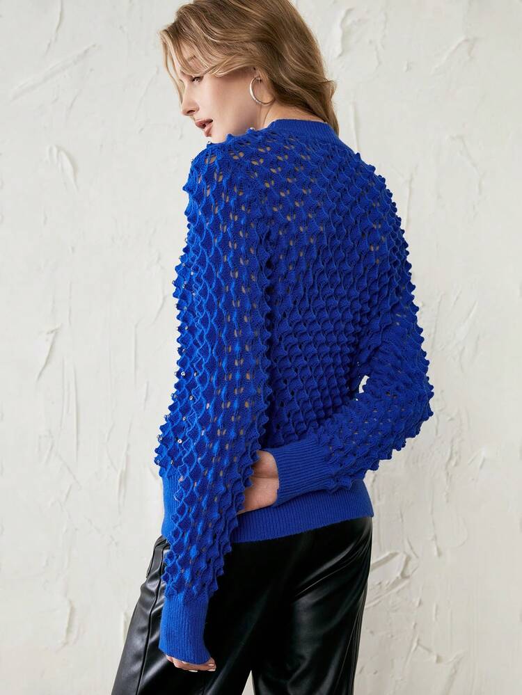 Solid Pointelle Knit Pullover Fall Winter Sweater