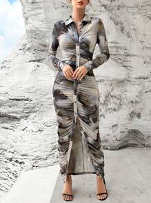 SHEIN Privé 紮染紐扣百褶連身裙 - 彩色 - 查看 3