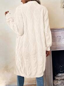SHEIN Frenchy Argyle Knit Dual Pocket Drop Shoulder Duster Cardigan - Beige - View 2