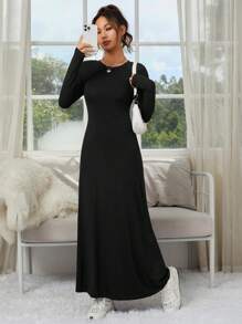 SHEIN EZwear Women's Round Neck Long Sleeve Casual Black Knit Bodycon Dress - Black - View 1