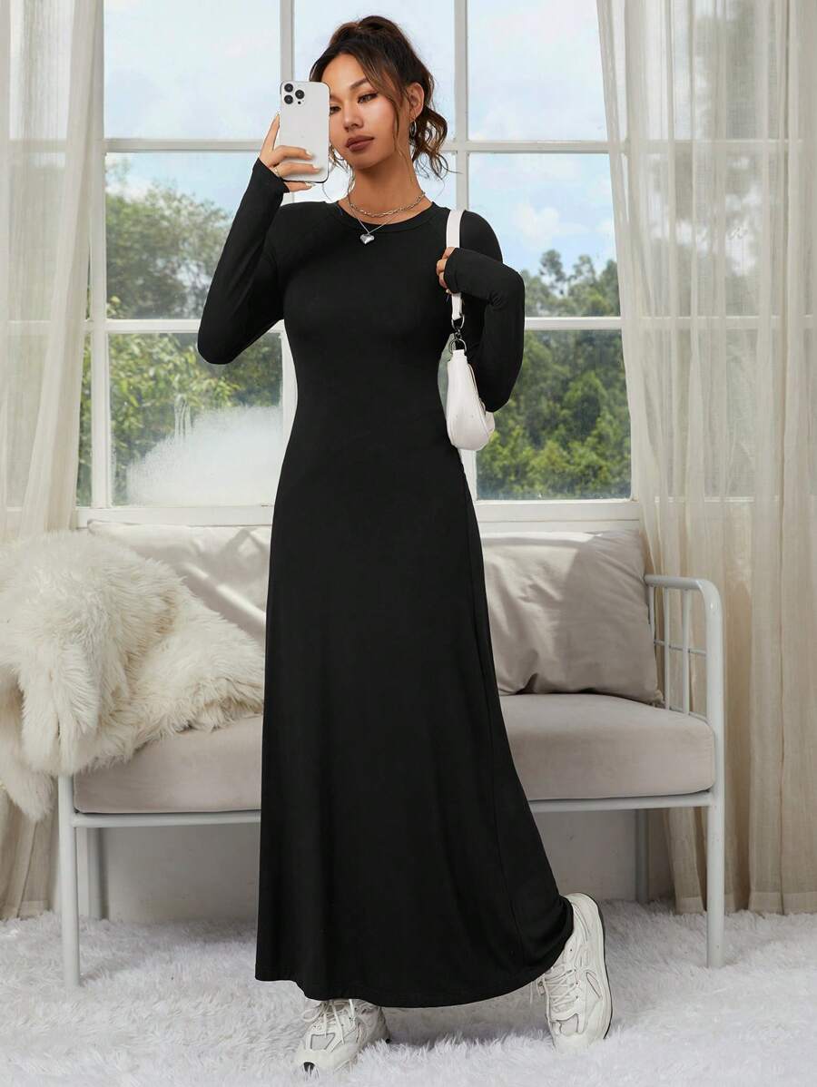 SHEIN EZwear Women's Round Neck Long Sleeve Casual Black Knit Bodycon Dress - Black - View 1