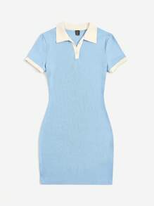 SHEIN EZwear Contrast Trim Polo Neck Bodycon Dress - Blue - View 6