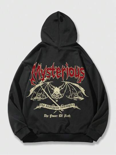 Goth Men Skull & Letter Graphic Drawstring Hoodie