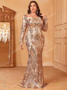 Faeriesty Plus Sweetheart Neck Sequin Prom Dress Elegant Long Sleeve Formal Evening Wedding Guest Gown, For Graduation, Dinner