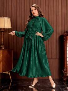 Modelyn Plus Mock Neck Lantern Sleeve Belted Dress - Dark Green - View 4