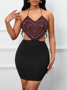 VaVaBold Rhinestone Heart Pattern Tie Backless Halter Neck Backless Dress