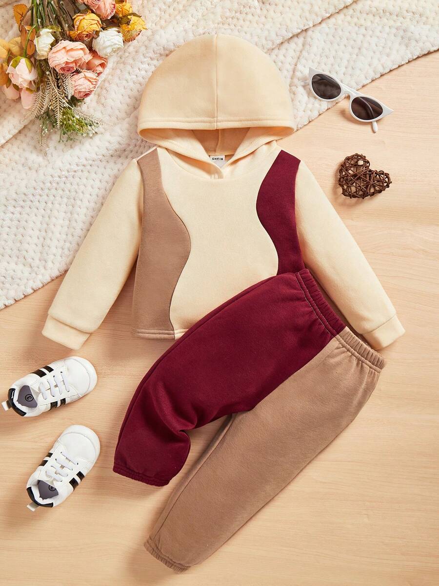 SHEIN 女嬰撞色連帽衫和運動褲 - 彩色 - 查看 1