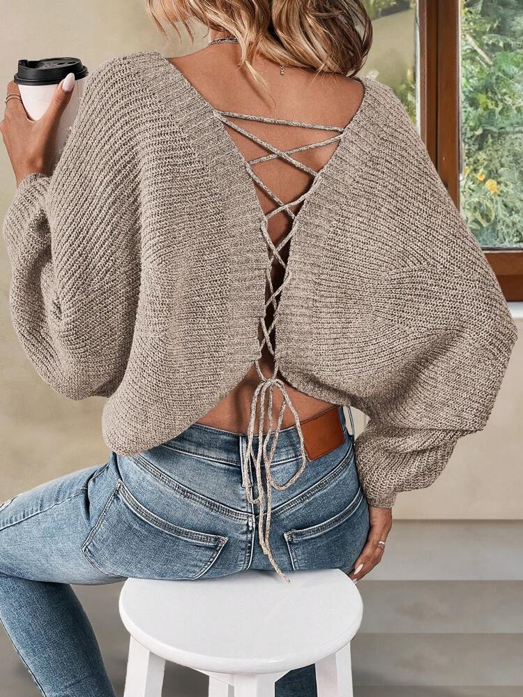 Lace Up Back Batwing Sleeve Sweater,Long Sleeve Tops Knit Pullover Fall Winter Sweater