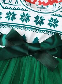 Bebé niña Vestido con estampado de Navidad con lazo delantero bajo con malla - Verde - Ver 5