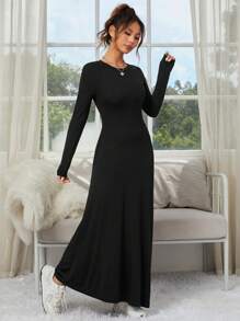 SHEIN EZwear Women's Round Neck Long Sleeve Casual Black Knit Bodycon Dress - Black - View 3