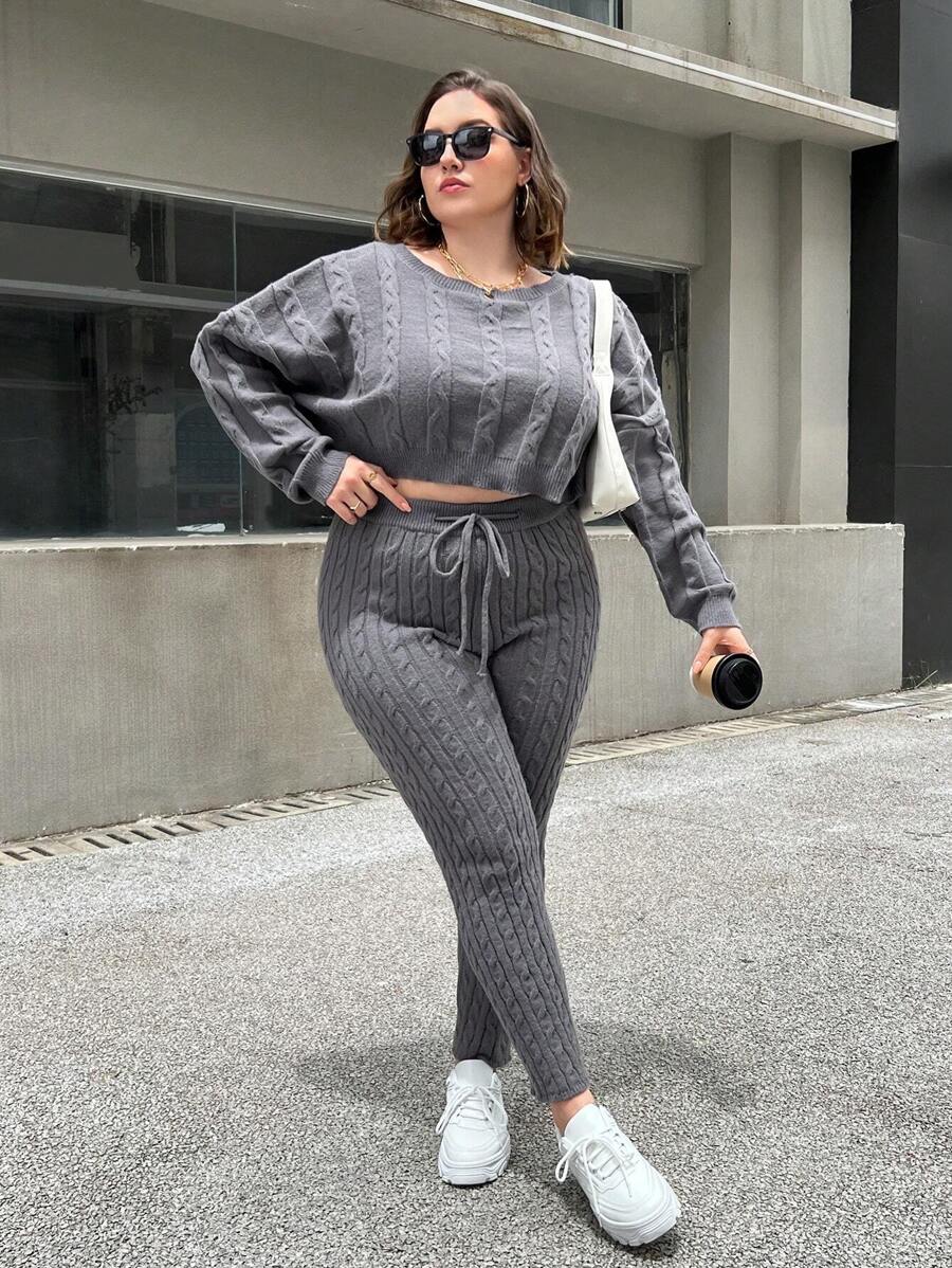 SHEIN Essnce Plus Cable Knit Drop Shoulder Sweater & Knit Pants - Grey - View 1