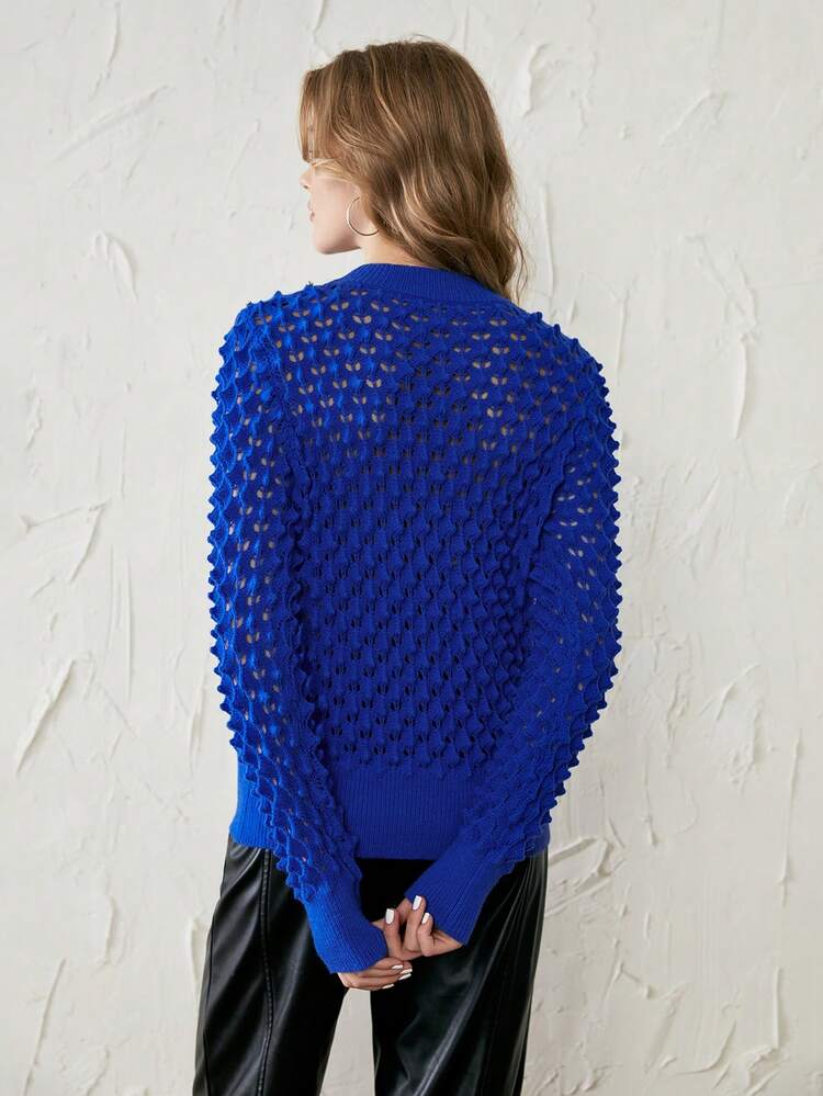 Solid Pointelle Knit Pullover Fall Winter Sweater