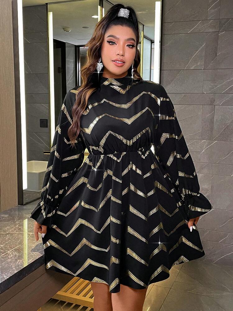 Plus Chevron Print Flounce Sleeve Dress