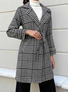 EURMUSE Houndstooth Print Belted Overcoat - Black and White - View 7
