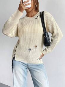 SHEIN Unity Drop Shoulder Lace Up Side Distressed Knit Pullover Fall Winter Sweater - Beige - View 1
