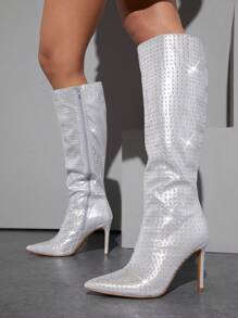 SHUZIA Rhinestone Point Toe Stiletto Heeled Boots Mother's Day Present