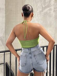 SHEIN SXY 素色破洞短款吊脖針織上衣 - 綠色 - 查看 2