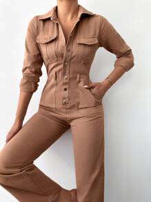 EURMUSE Túi có nắp Nút phía trước Áo sơ mi Denim Áo liền quần - Rỉ Nâu - Xem 3