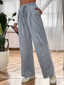 SHEIN LUNE Pantalones deportivos de cintura con cordón de pierna ancha - Gris - Ver 3