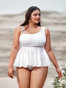 SHEIN Swim Curve 加大不對稱領口裙擺泳衣 - 白色 - 查看 3