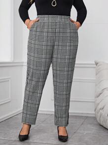 Miaspire Plus Plaid Print Split Hem Pants,Spring - Black and White - View 1