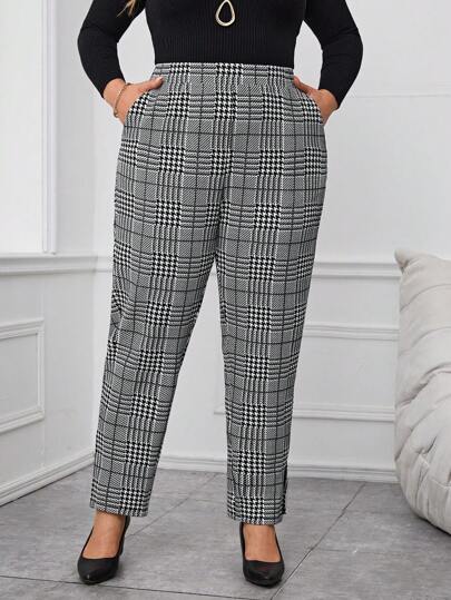 Miaspire Plus Plaid Print Split Hem Pants