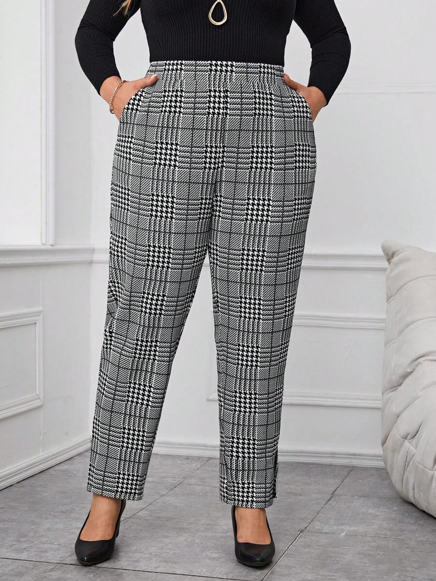 Miaspire Plus Plaid Print Split Hem Pants,Spring - Black and White - View 1