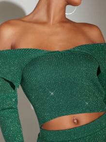 SHEIN BAE Off Shoulder Áo len Crop & Viền không đối xứng Váy dệt kim - Màu xanh lá cây đậm - Xem 5