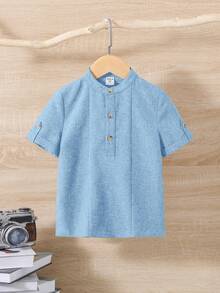 SHEIN Chico joven Camisa con botón de manga enrollada - Azul - Ver 3