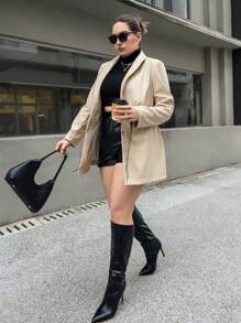 SHEIN Essnce Plus Drawstring Waist Blazer - Apricot - View 5