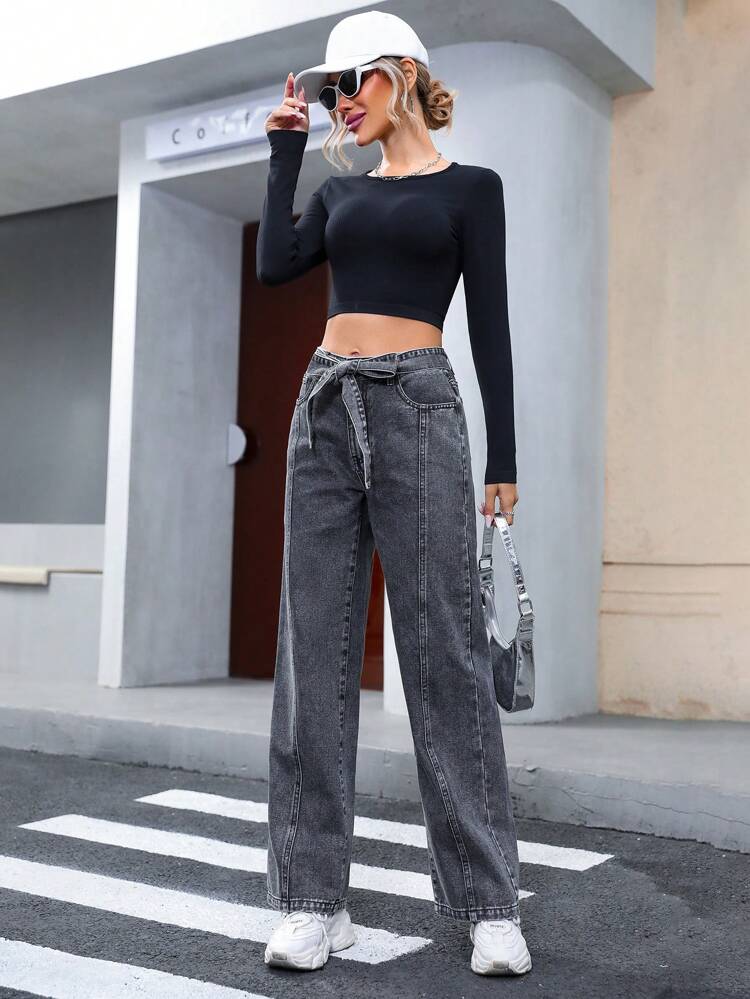 High Waist Belted Straight Leg Jeans