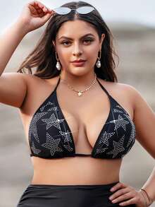 SHEIN Swim Curve 大碼星星水鑽掛脖比基尼上衣 - 黑色 - 查看 7