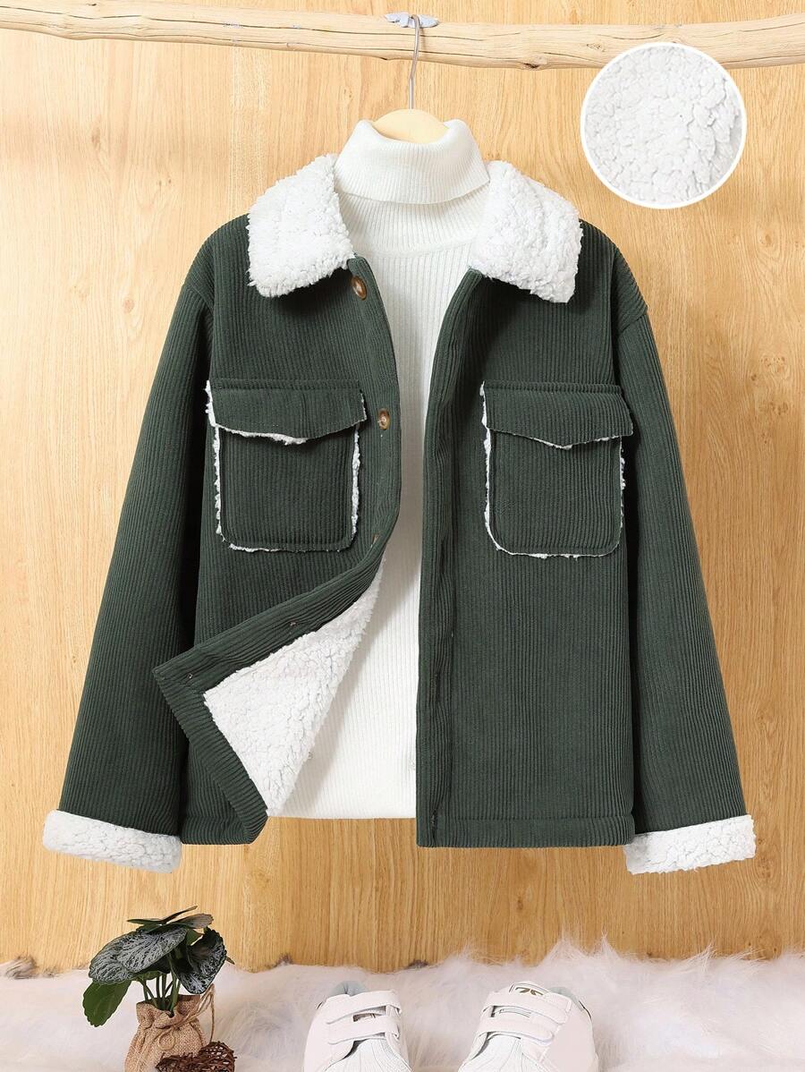 SHEIN Tween Boy Oversized Plush Lapel Collar Pit Strip Sports Jacket - Army Green - View 1