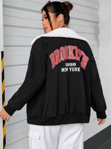 SHEIN EZwear Plus Letter Graphic Borg Collar Zip Up Drop Shoulder Jacket - Black - View 2