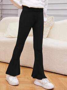 SHEIN Tween Girl Solid Flare Leg Sweater Pants - Black - View 1