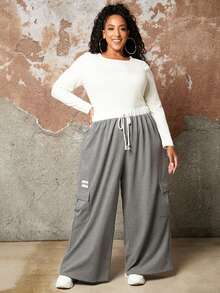 SHEIN CURVE+ Hơn Eo dây rút Túi nắp bên cạnh Quần thể thao - Nhiều màu - Xem 7