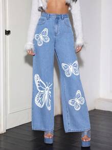 SHEIN 1pc Butterfly Print Wide Leg Jeans - Light Wash - View 6