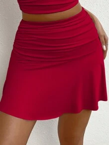 Zolique Chất rắn Xù Xù Hoa Sen Váy - Màu Đỏ Sâu - Xem 5