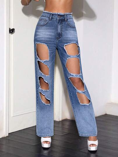 SHEIN ICON 鏤空破洞直筒牛仔褲