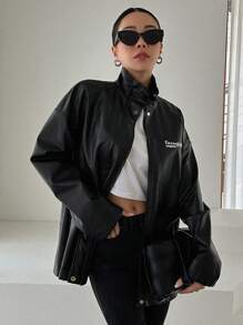 DAZY 字母图案插肩袖 PU 皮革外套女式夹克，秋季女装 - 黑色 - 查看 6
